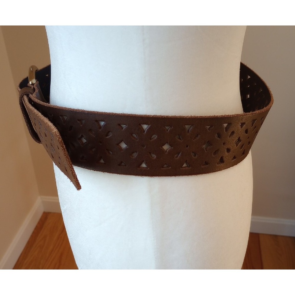Candies Genuine Leather Wide Belt Brass Buckle M 32-36 Laser Cut Design Brown EC - Picture 3 of 9